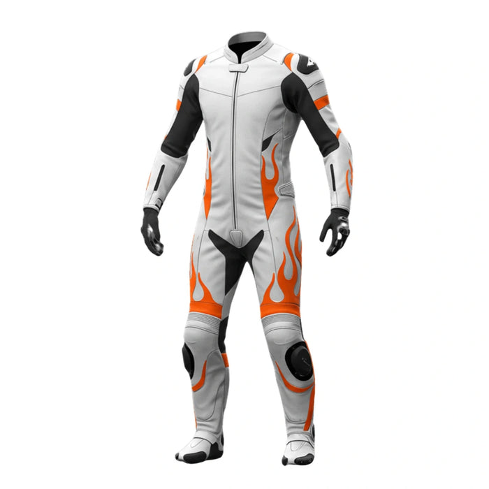 White & Orange Flame One-Piece Leather Motorcycle Racing Suit