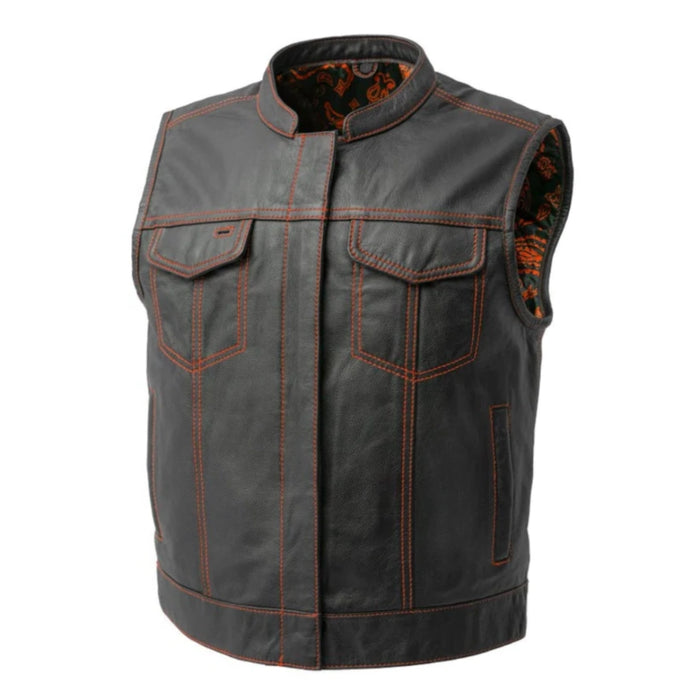 Contrast Stitch Club Style Leather Motorcycle Vest – Black / Orange