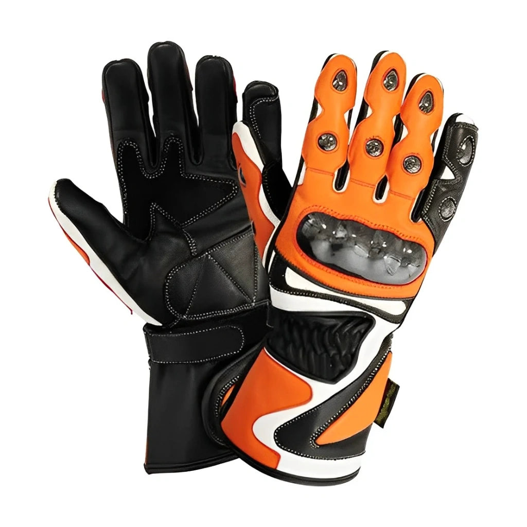 Apex Pro Orange Leather Racing Gloves – Molded Knuckle Gauntlets