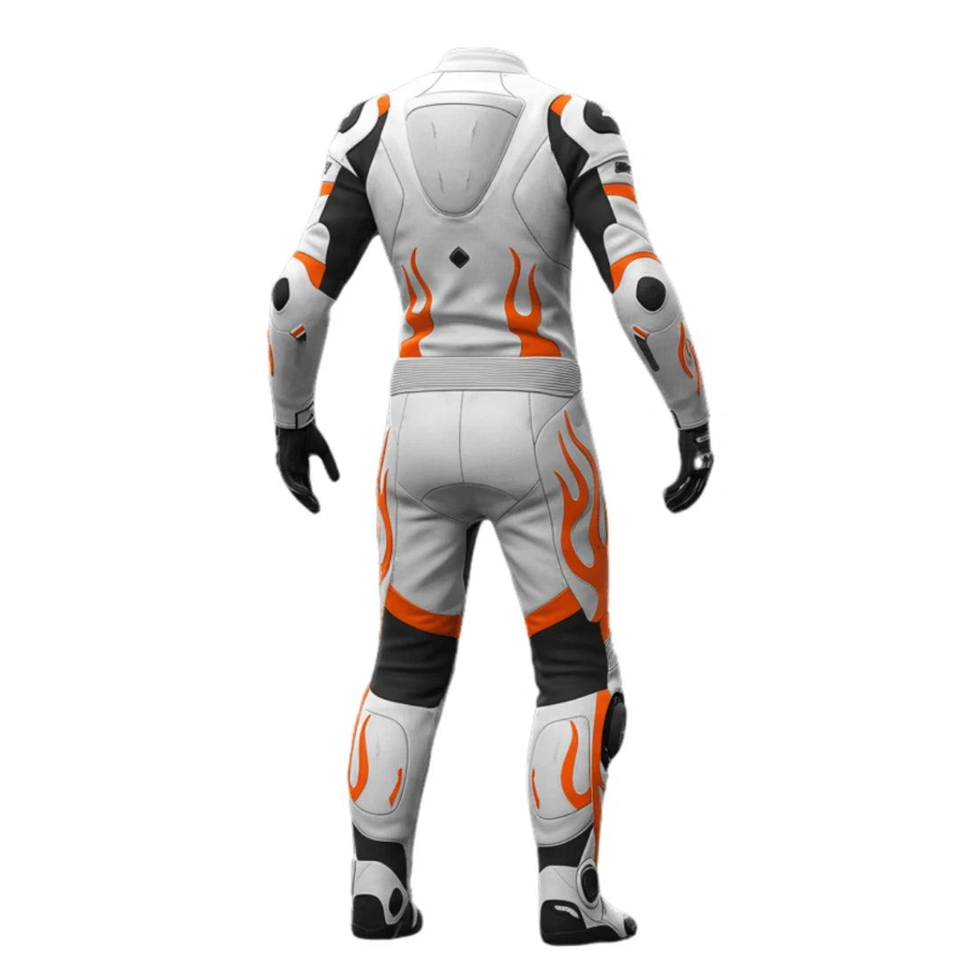 White & Orange Flame One-Piece Leather Motorcycle Racing Suit