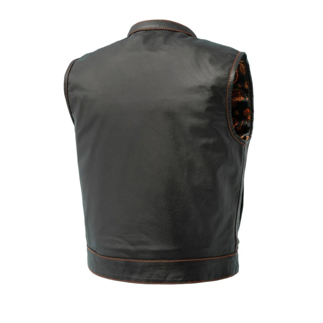 Contrast Stitch Club Style Leather Motorcycle Vest – Black / Orange