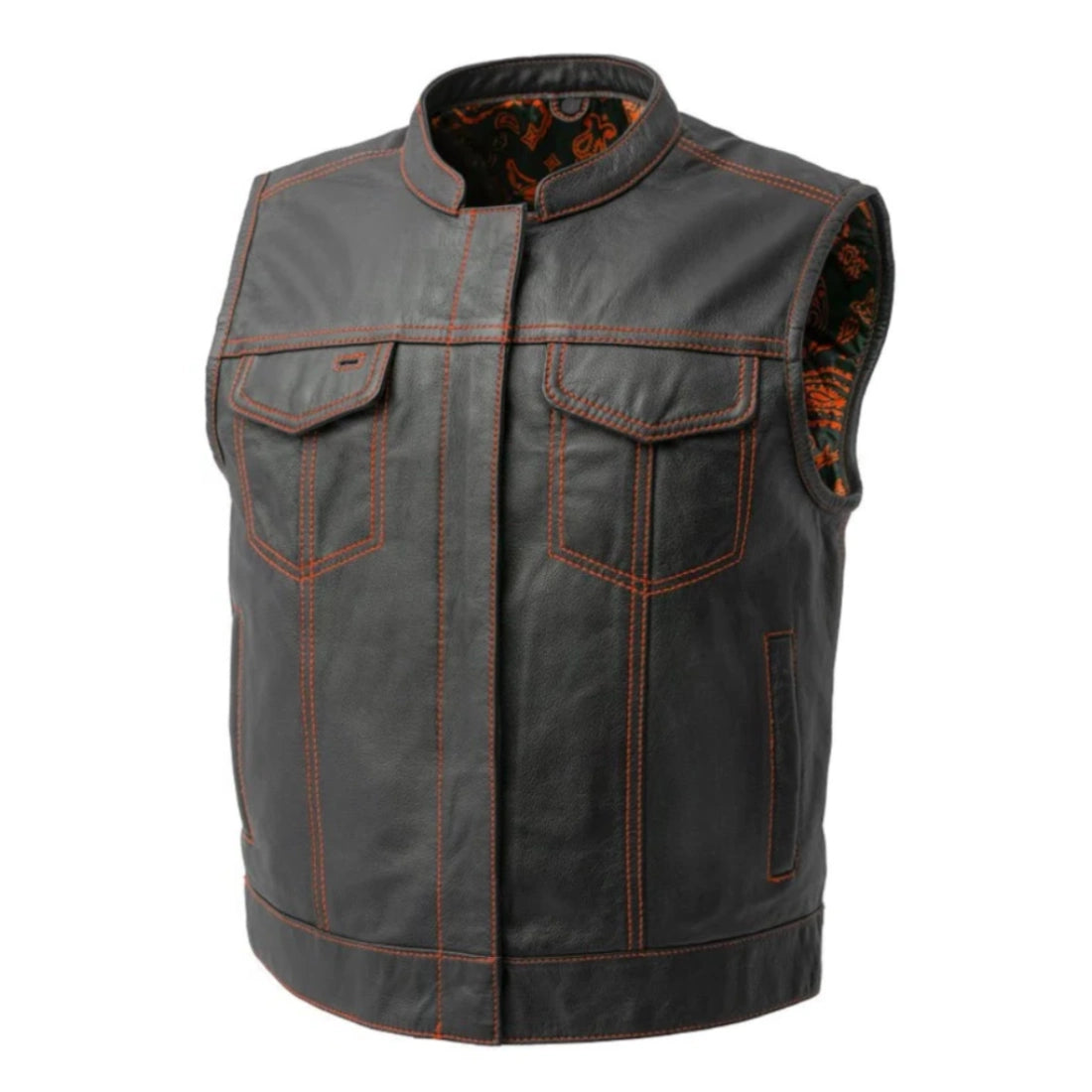 Contrast Stitch Club Style Leather Motorcycle Vest – Black / Orange